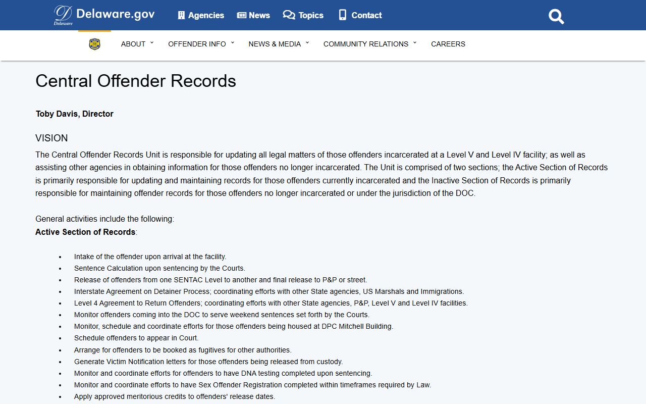 Delaware Central Offender Records Unit for Booking Releases data