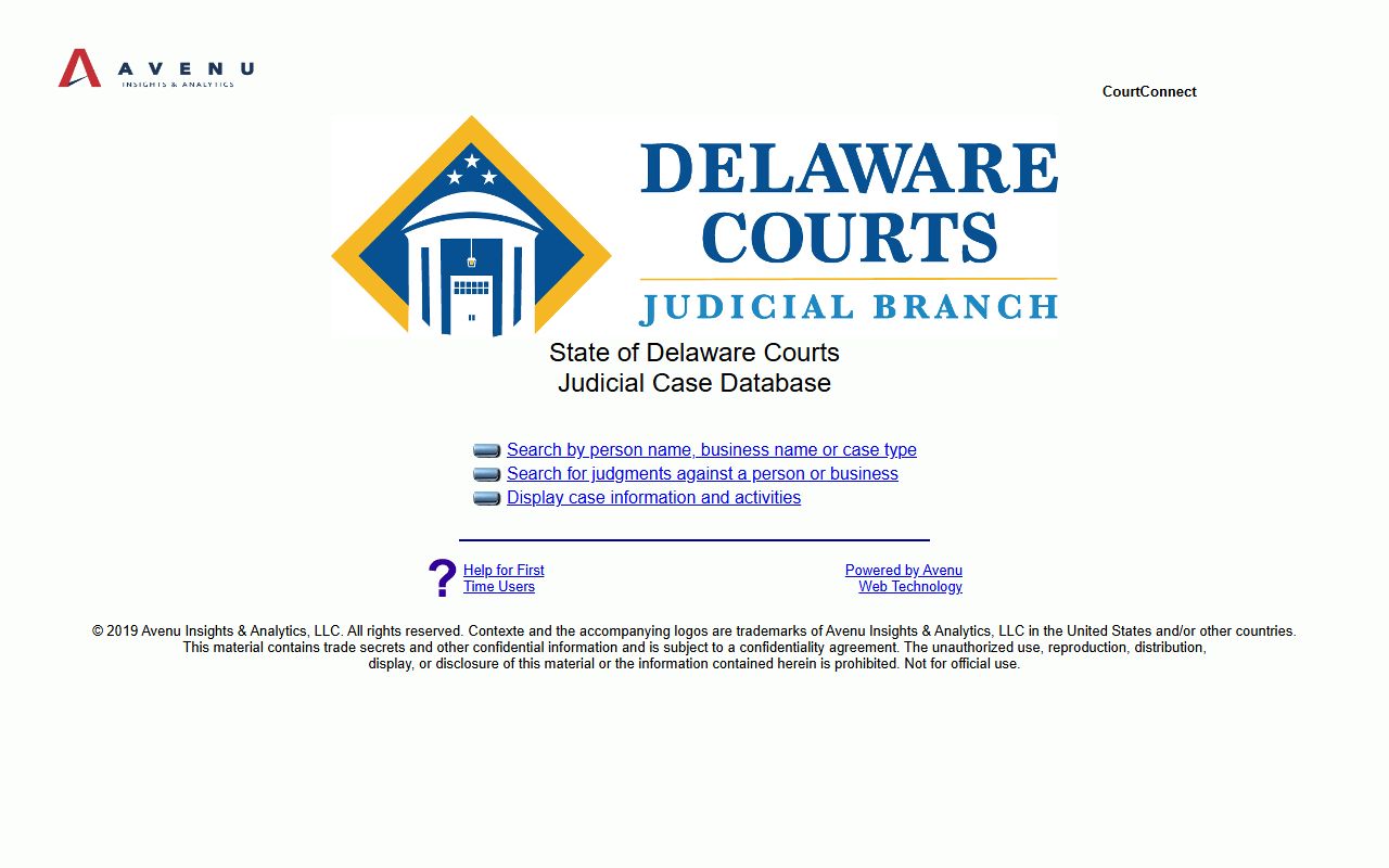 Delaware CourtConnect search for Booking Releases case data