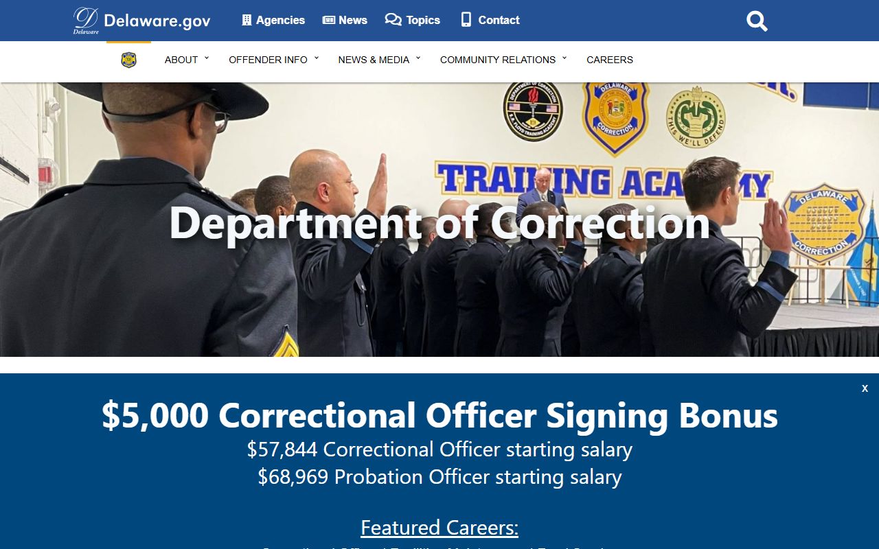 Delaware Department of Correction homepage for Booking Releases lookups