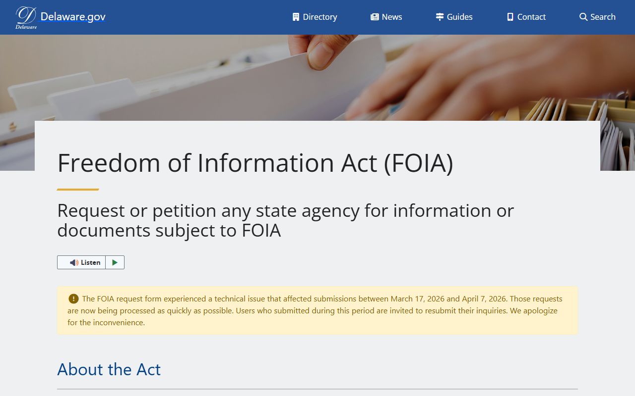 Delaware FOIA request portal for Booking Releases records