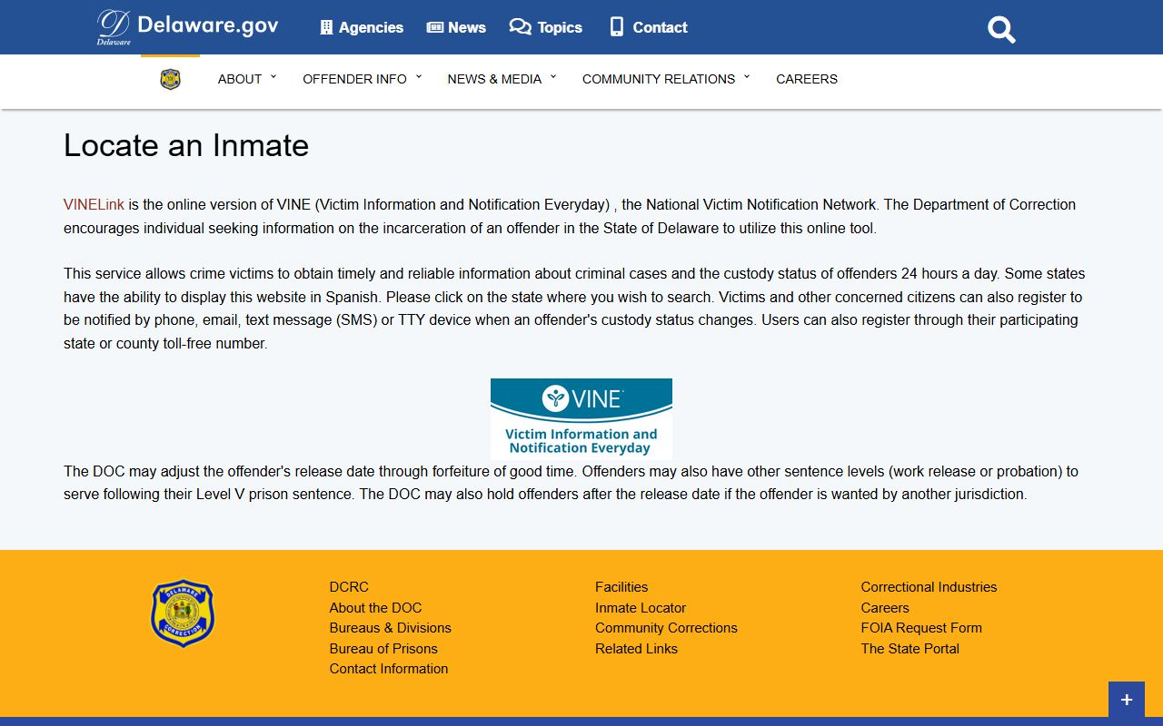 Delaware inmate locator search page for Booking Releases
